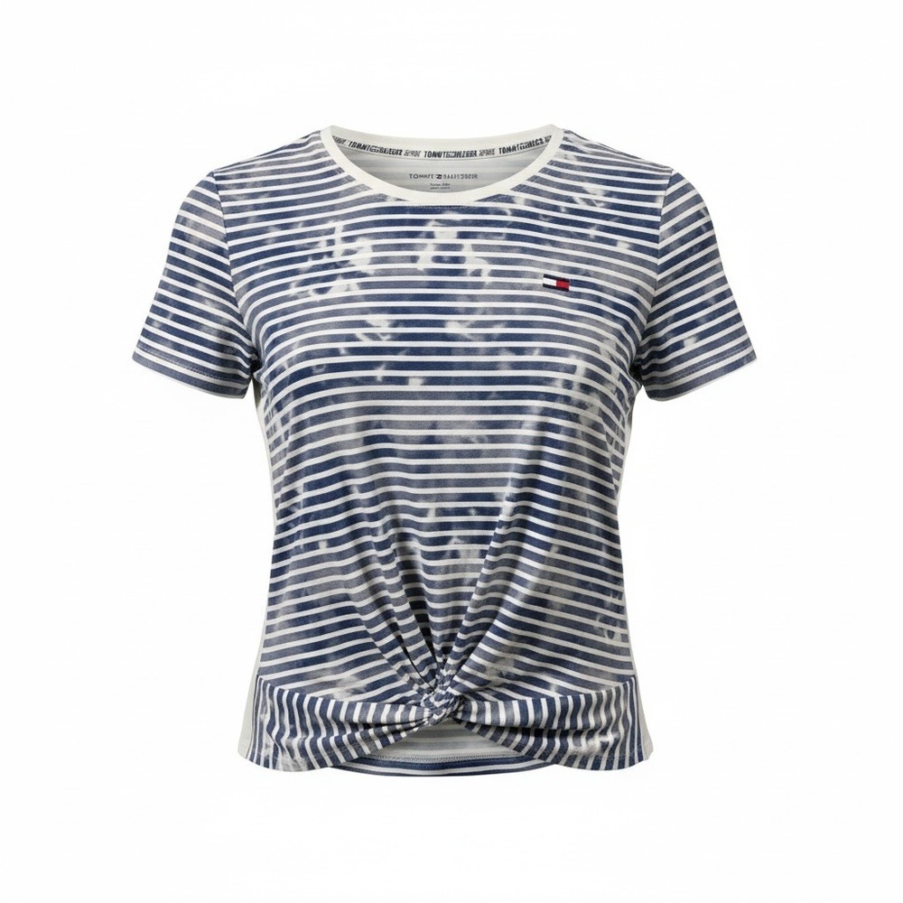 Tommy Hilfiger Sport Striped Knot Front Crop Top Blue White Womens Medium
